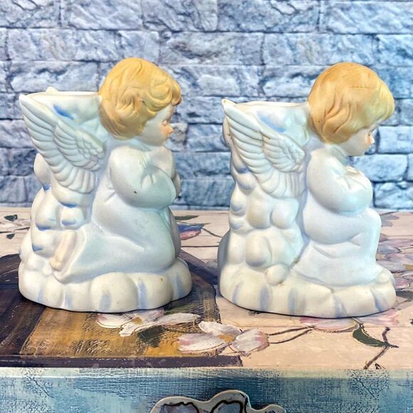 Vintage Porcelain Praying Angel Candlestick Holders Set of Two Cherubs - Picture 3 of 6